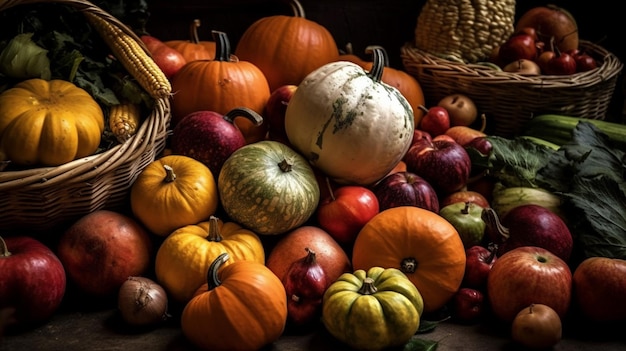 A pile of vegetables including pumpkins and squash