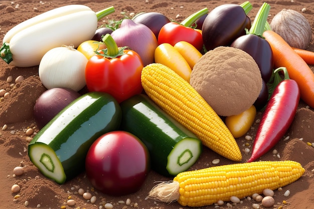 A pile of vegetables including a variety of vegetables.