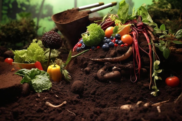 a pile of vegetables and a pot with a plant on it