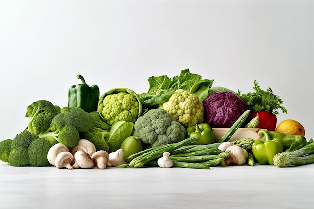 A pile of vegetables on a table with a white background