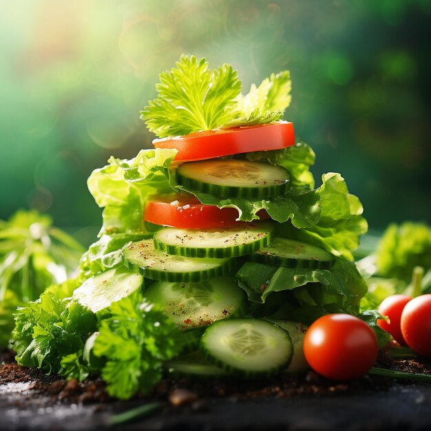 Pile of vegetables that are stacked on top of each other