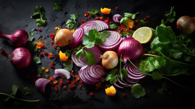 A pile of vegetables with red onions and lemons on a black background.