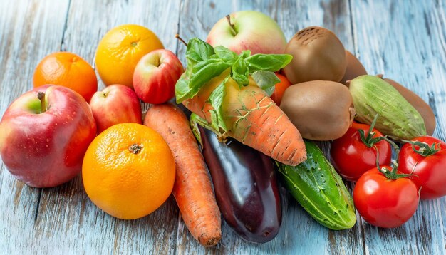 A pile of vegetables on a wooden table