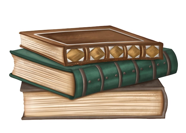 pile of vintage antique historical books with aged pages decoration with gold metal vintage gothic