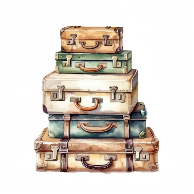 Photo pile of vintage suitcases hand drawn watercolor illustration isolated on white background