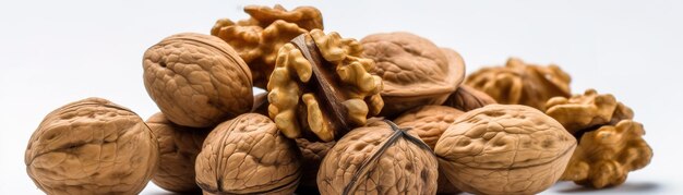 A pile of walnuts on a white background