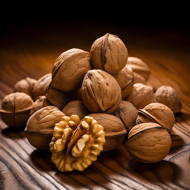 A pile of walnuts with one of them on a table