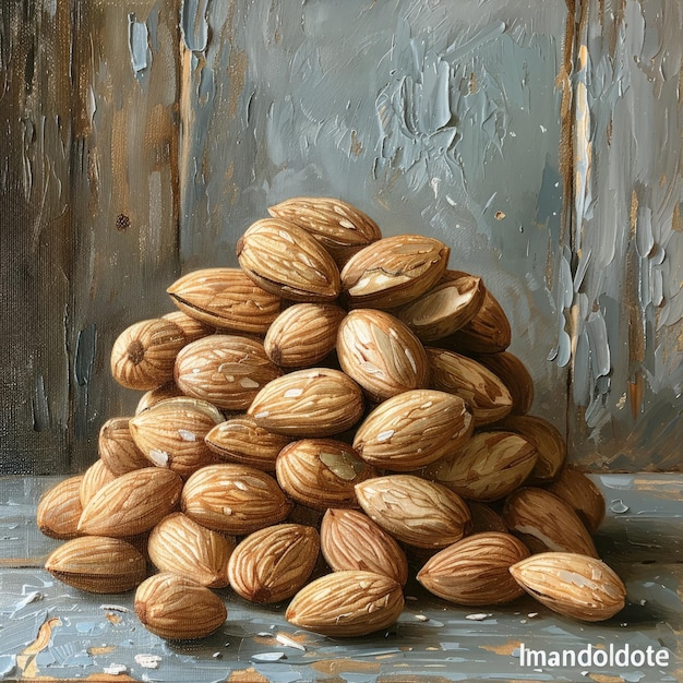 a pile of walnuts with a water droplet on the bottom