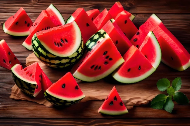 A pile of watermelon on a wooden board