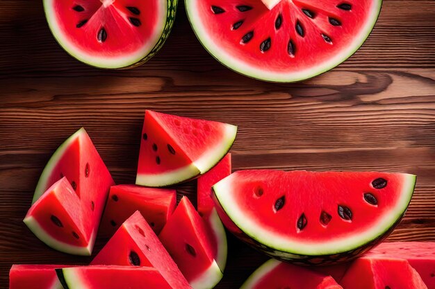 A pile of watermelon on a wooden table