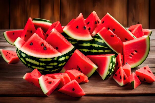 A pile of watermelon on a wooden table