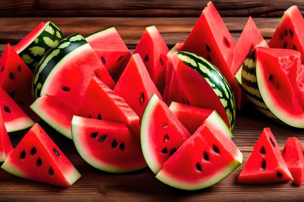 A pile of watermelon on a wooden table