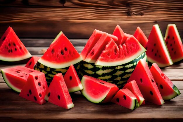 A pile of watermelon on a wooden table
