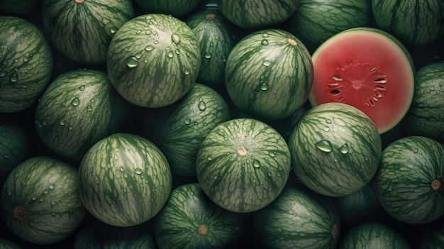 A pile of watermelons with one of them has watermelons on it.