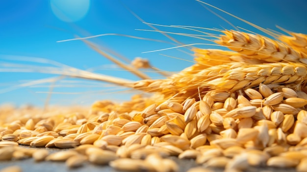 A pile of wheat grains and ears against a backdrop of a blue sky