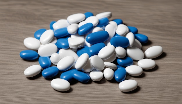 A pile of white and blue pills on a table