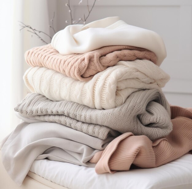 a pile of white cream and gray knit sweaters