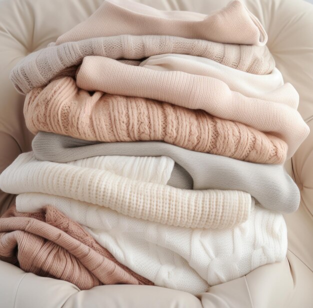 a pile of white cream and gray knit sweaters