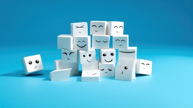 A pile of white cubes with different faces and one has a smiley face on it.