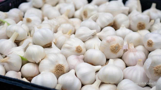 Pile of white garlic in plastic box in store