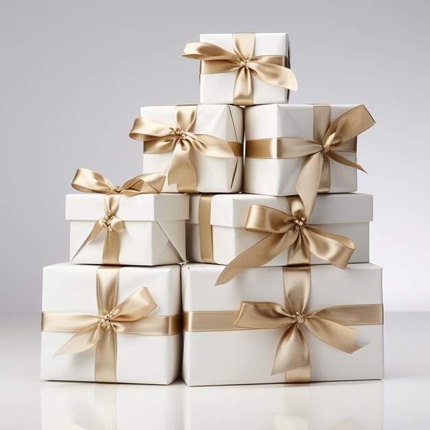Pile of white gift boxes with gold bows 3d render