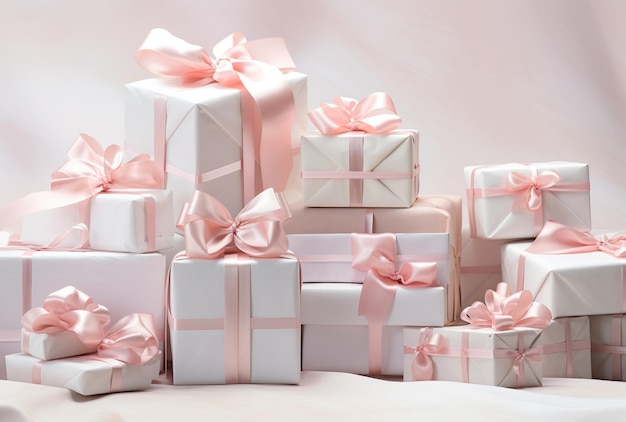 Куча белых подарочных коробок с розовыми лентами на белом фоне