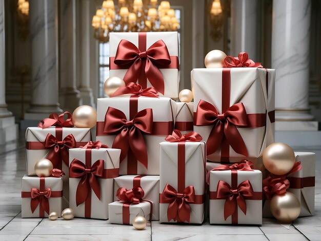 a pile of white gift boxes with red bows.