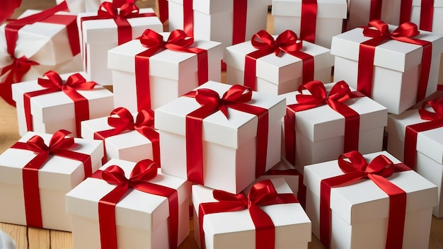 Pile of white gift boxes with red ribbons