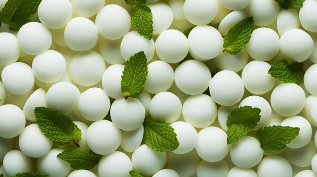 Pile of white mints candy with a green mint leaves Generative AI