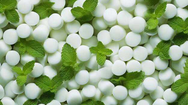 Pile of white mints candy with a green mint leaves Generative AI