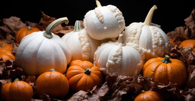 A pile of white and orange gourds and pumpkins ai