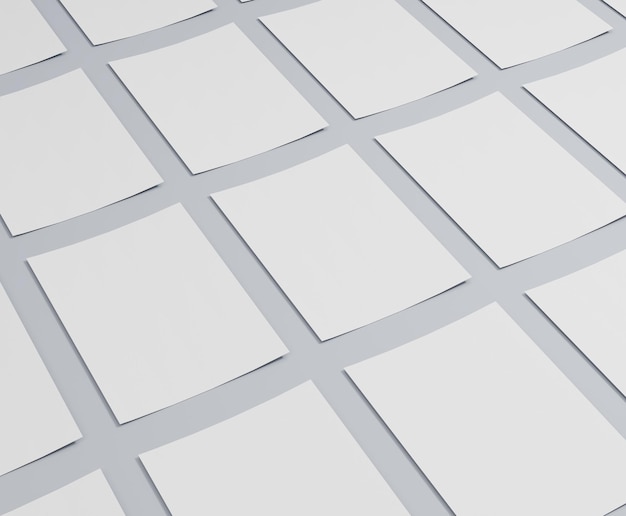 白い紙の山が床に置かれ、a4、a3、空白のチラシ、ポスター、積み上げ、3D、3D レンダリング