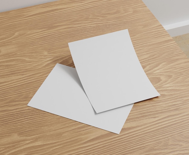 A pile of white paper is placed on the floor, a4, a3, blank flyer, poster, stacked, 3d, 3d rendering