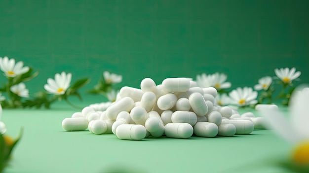 A pile of white pills on a green background