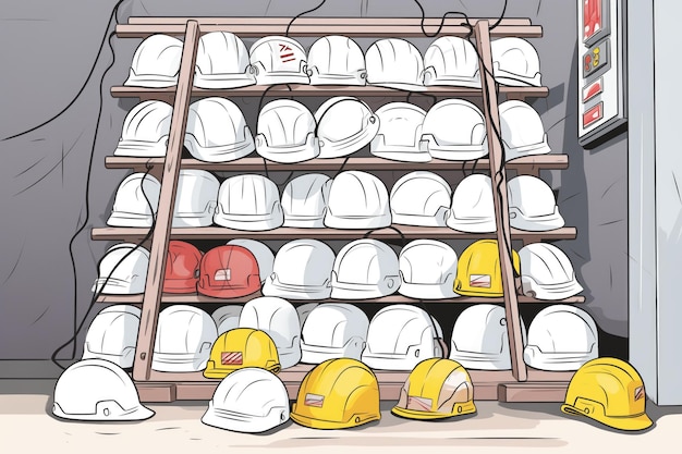 Photo pile of white safety helmets in a store