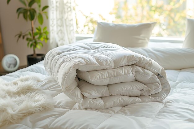 Photo a pile of white towels on a bed with a plant in the background