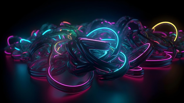 A pile of wires with a neon light on it