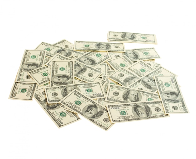 Pile with money american hundred cash dollar bills top view isolated