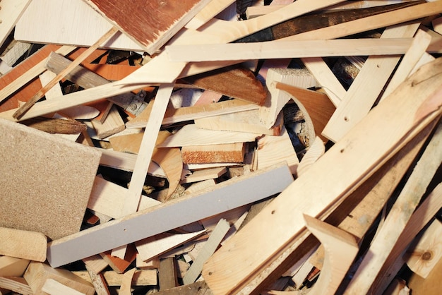 A pile of wood chips and wood waste for recycling View from above