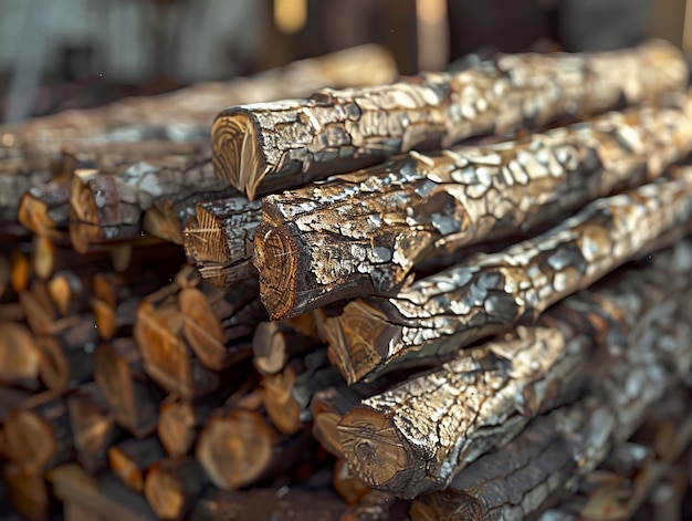 A pile of wood logs with bark on them