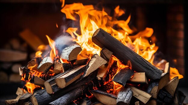 a pile of wood sitting on top of a fire