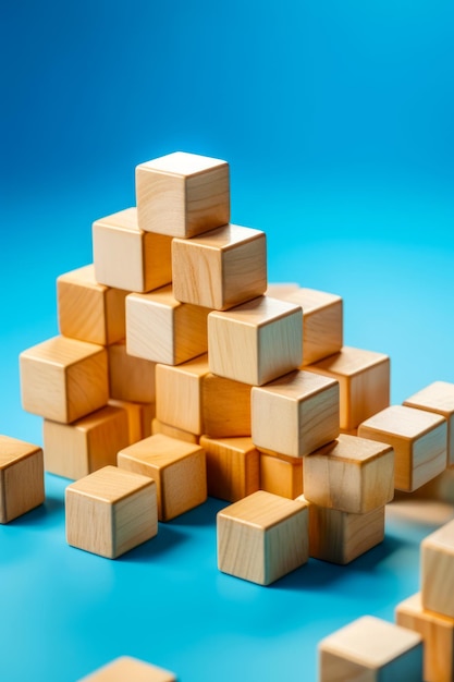 Pile of wooden blocks sitting on top of blue table top next to each other Generative AI