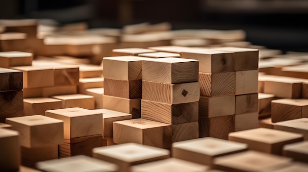 A pile of wooden cubes with one missing one that has a hole in the middle.