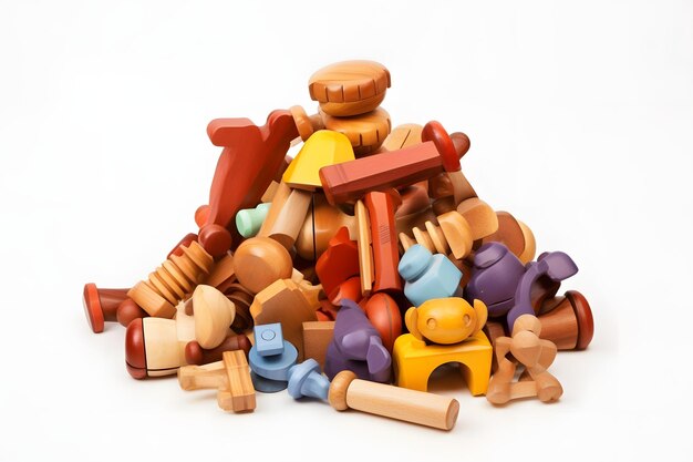 Photo a pile of wooden toys on a white surface generative ai