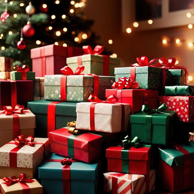 Куча упакованных украшенных рождественских подарков традиция праздничного обмена подарками