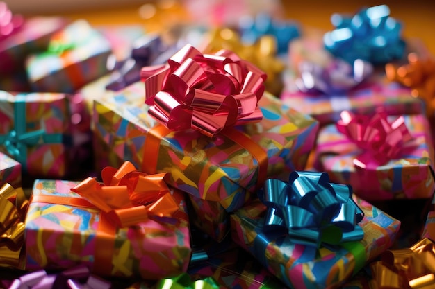 A pile of wrapped gift boxes their colorful paper and bows Generative AI