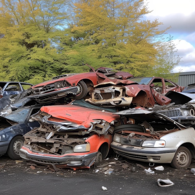 Pile of wrecked cars in a junkyard with trees in the background depicting the end of their lifecycle