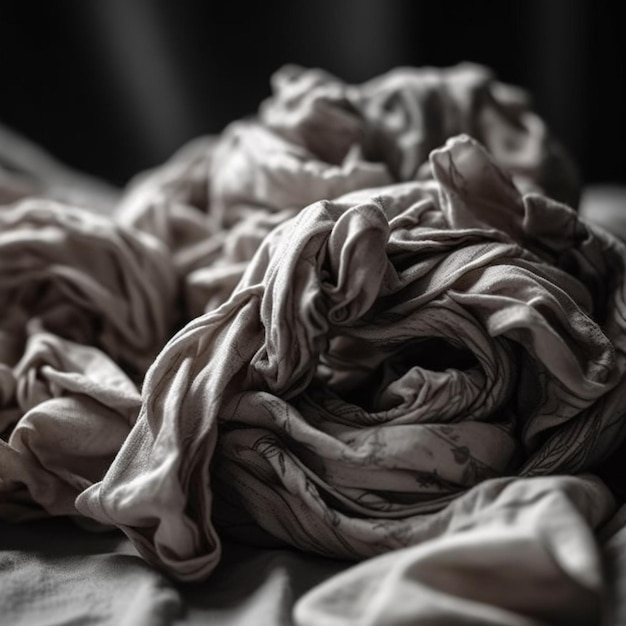 A pile of wrinkled clothing is on a bed with a black background.