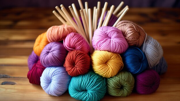 A pile of yarn and knitting needles on a table