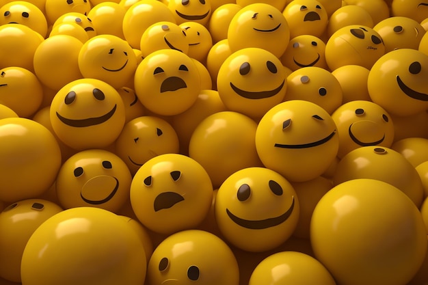 A pile of yellow balls with smiley faces on them